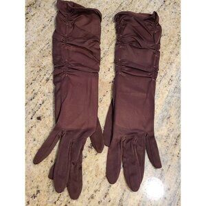 New? Vintage Size L Brown Stretch Nylon Formal Long Gloves Ruched Tufted Look